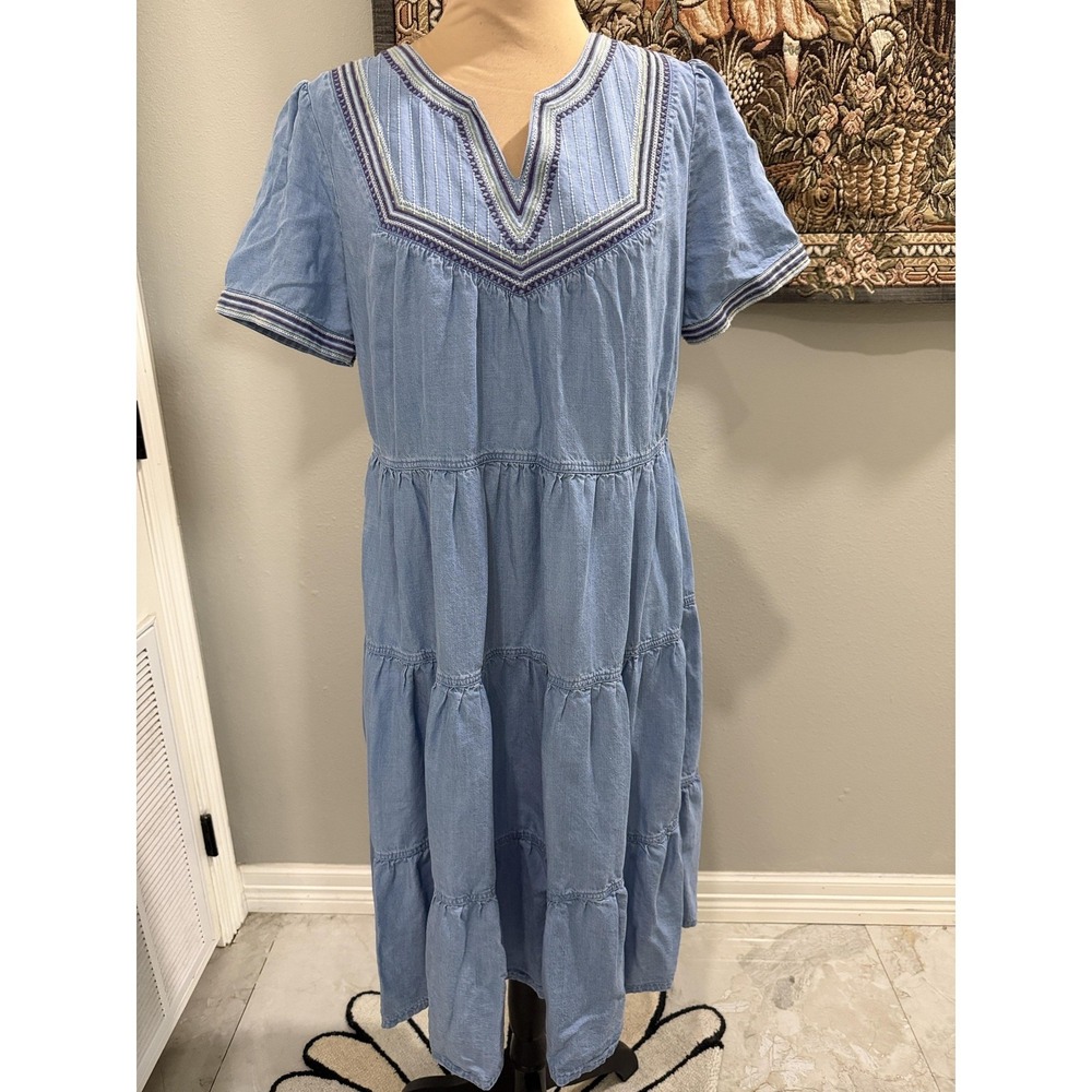 Nurture By Westbound Dress Womens Petite Medium Blue Embroidered Chambray Midi